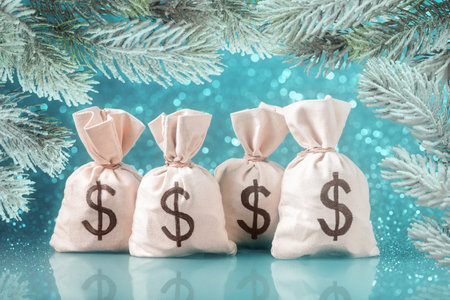 Money bags with USD symbols over abstract holiday background with frosty Christmas tree branchesの写真素材