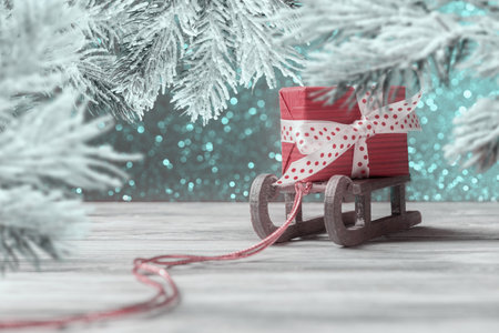 Red gift boxe on Santaâs sleigh. New Year and Christmas greeting cardの写真素材