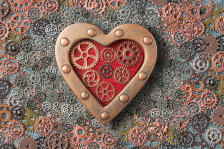 Steampunk decorated heart on background with cogwheels. Valentine's Day concept in steampunk styleの写真素材