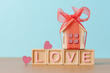 House model with red bow on wooden cubes with letters Love over blue background with copy space. Valentineâs day conceptの写真素材