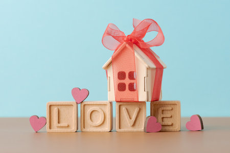 A charming image featuring a wooden house gift wrapped with a red bow, placed on blocks that spell...