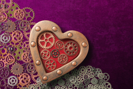 Steampunk-Inspired Heart with Gearwork on metal background with copy space. Conceptual Valentineâs day greetingの写真素材