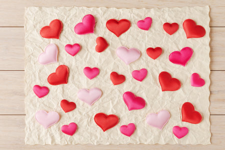 An image showcasing a variety of red and pink fabric hearts on crumpled paper background. Ideal for love or Valentine's themes. Valentines day conceptの写真素材