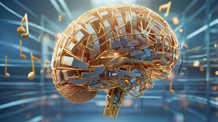 A 3D representation showcases a brain intricately designed with golden patterns, surrounded by musical notes.の素材