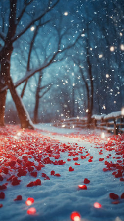 A winding pathway covered in soft snow is beautifully scattered with vibrant red rose petals.の素材