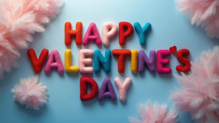Colorful letters spell out a heartfelt message celebrating Valentine's Day, surrounded by soft pink decorations that evoke feelings of warmth and affection, setting a cheerful mood.の素材