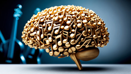 A stunning sculpture of a brain crafted in gold, intricately detailed with musical notes, showcasing the deep connection between music and creativity. This artwork stands in a calm, artistic ambiance.の素材