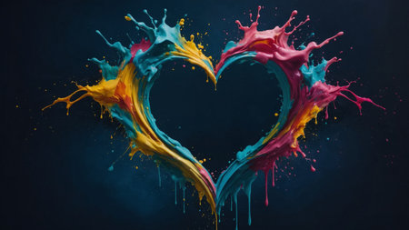 Vibrant splashes of pink, blue, and yellow form a heart shape against a dark backdrop, capturing the essence of love and emotional connection in an artistic manner.の素材