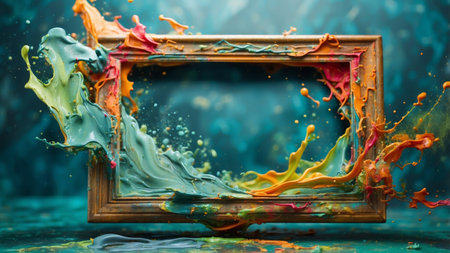 Bright hues burst from a wooden frame, creating an explosion of paint that blurs the line between artwork and reality. This mesmerizing display captivates the viewer's imagination, evoking emotion.の素材