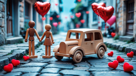 A romantic atmosphere unfolds as wooden figures stand hand in hand amidst a street adorned with red heart balloons, featuring a vintage car nearby.の素材