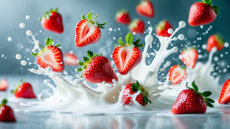 Fresh strawberries burst through a splash of milk in a vibrant kitchen environment, illustrating the joy of healthy eating. This lively moment captures the sweetness of nature's bounty.の素材