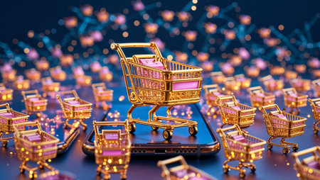 A golden shopping cart sits atop a smartphone, surrounded by illuminated miniature carts. The image symbolizes contemporary retail marketing and attractive sales promotions enticing shoppers.の素材