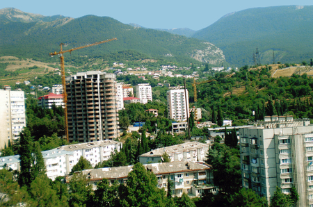 Multi-storey building in the valley of Crimean mountainsの写真素材
