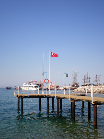 Pier with a view of the yacht in Kemer, Turkeyのeditorial素材