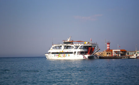 Pleasure ship  Moby Dick on the Mediterranean Sea near 155 beach in Kemer, Turkeyのeditorial素材