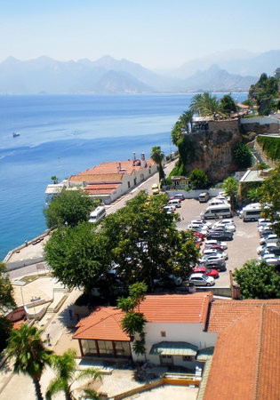 View of the Mediterranean Sea and the Taurus Mountains in the old part of Antalya from the observation deck, Turkeyのeditorial素材
