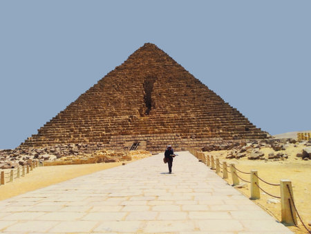 Pyramid of Menkaure on the Giza plateau in August 2021. Cairo. Egypt