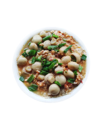 Oatmeal porridge seasoned with meat side dish and mushroomsの写真素材