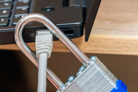 Network wire closed with metal lock close up