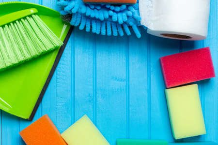 Sponge, rags for home cleaning close-up with copy space