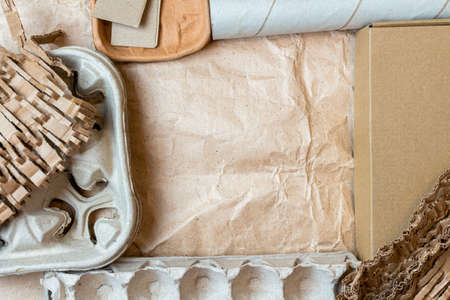 paper, cardboard, cartoon used objects for recycling background with copy spaceの写真素材