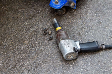 The process of repairing a car wheel in a tire fitting serviceの写真素材