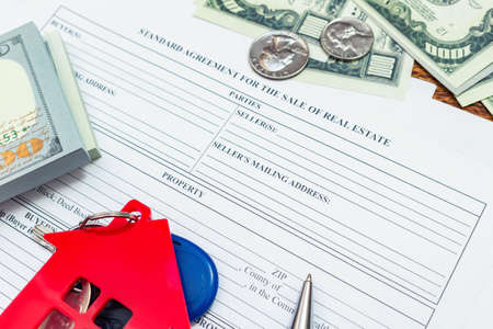 House, home, property, real estate purchase buying sale contract agreement pen money coins keys...