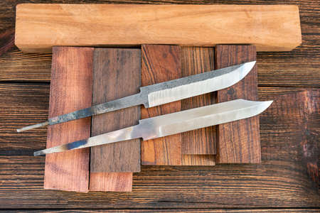 Knife blades with bars blocks scales of valuable exotic tree wood for handmade DIY knife handles...