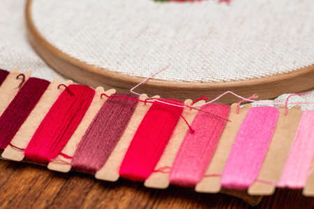 Cross stitching embroidery process. Needle embroidery frame threads. Hobby DIY lifestyle.
