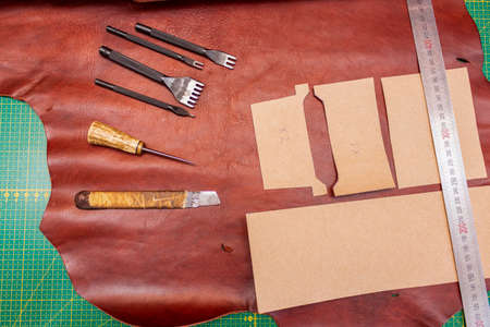 Creating sewing leather handmade wallet leathercraft. Pattern, tools, leather