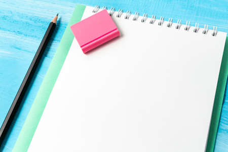 Back to school concept with stationery office supplies pens, pencils, brushes, felt pens, markers, paper clipsの写真素材