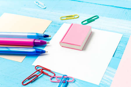 Back to school concept with stationery office supplies pens, pencils, brushes, felt pens, markers,...