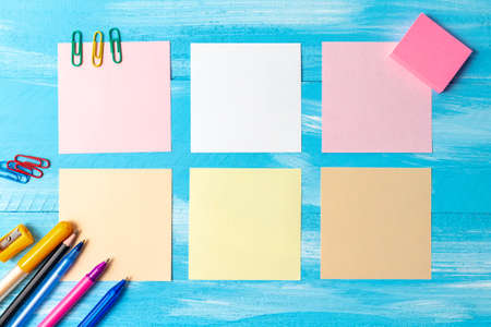 Back to school concept with stationery office supplies pens, pencils, brushes, felt pens, markers,...