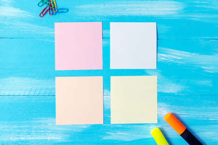 Back to school concept with stationery office supplies pens, pencils, brushes, felt pens, markers, paper clipsの写真素材