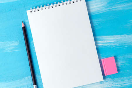 Back to school concept with stationery office supplies pens, pencils, brushes, felt pens, markers, paper clipsの写真素材