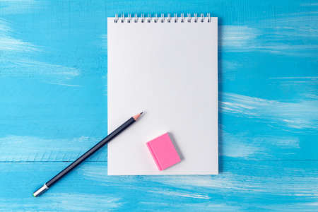 Back to school concept with stationery office supplies pens, pencils, brushes, felt pens, markers, paper clipsの写真素材