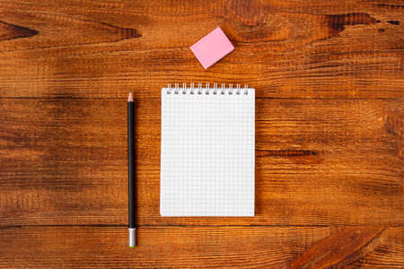 composition with notebook blank page colorful pencil, marker and pen mock-up Back to school conceptの写真素材