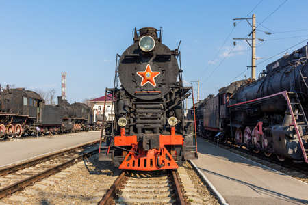 Old vintage retro train. Historical railroad transport.