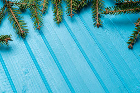 Fir, spruce branches on blue wooden backgroundの写真素材