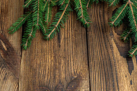 Fir, spruce branches on brown wooden background with copy spaceの写真素材
