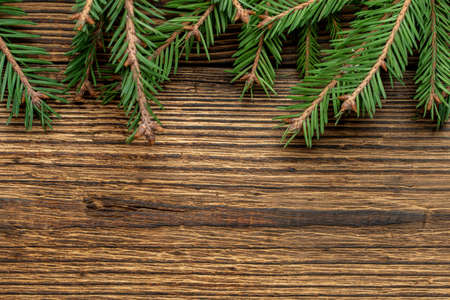 Fir, spruce branches on brown wooden background with copy space