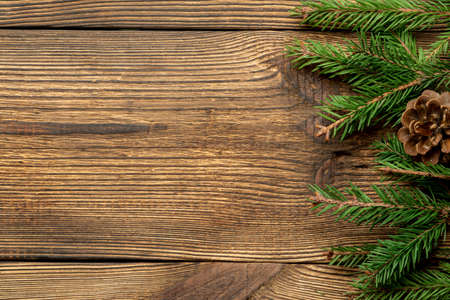 Fir, spruce branches on brown wooden background with copy spaceの写真素材