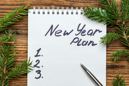 new year plan inscription in notebook with fir, spruce branches and Christmas tree toysの写真素材