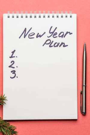 new year plan inscription in notebook with fir, spruce branches on pink background