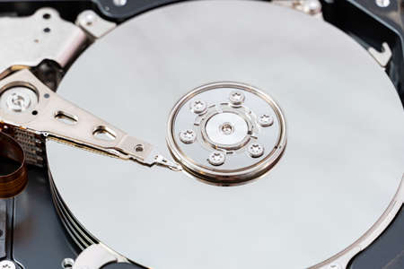 Open hard disk drive close up. HDD repair, information recovery service.