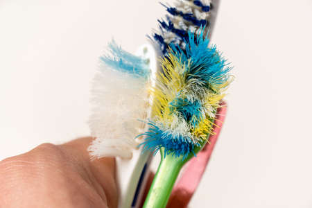 Old, spoiled, disheveled, colored toothbrushes in handの写真素材