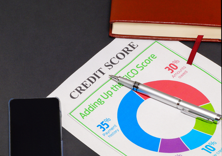 Credit score report with keyboard and notepad.の写真素材