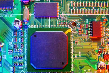 Electronic board design, Motherboard digital chip. Tech science background. Integrated communication...