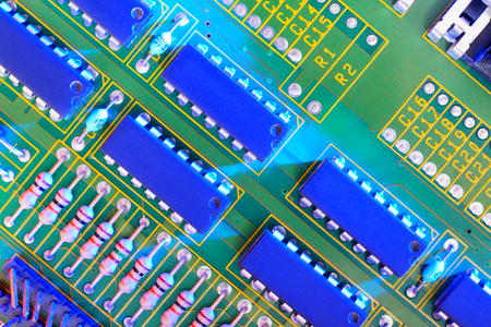 Electronic board design, Motherboard digital chip. Tech science background. Integrated communication processor.の写真素材