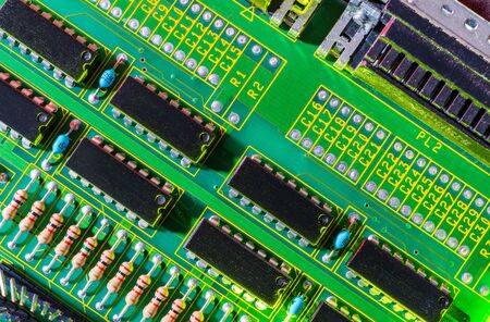 Electronic board design, Motherboard digital chip. Tech science background. Integrated communication processor.の写真素材